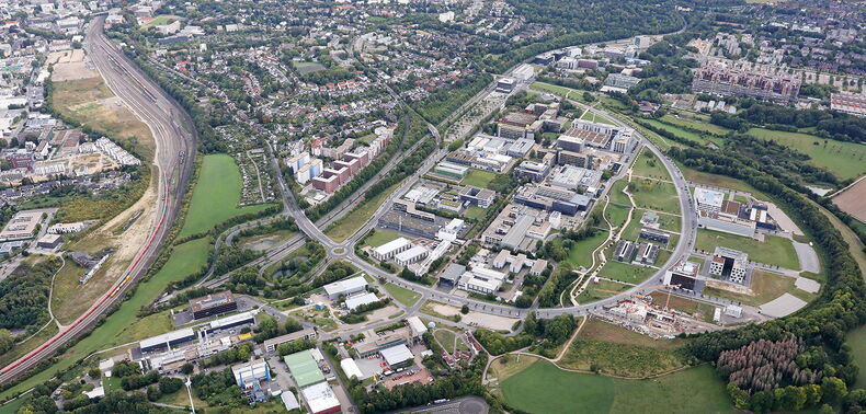 Photo of the area from the future Campus West from the air.