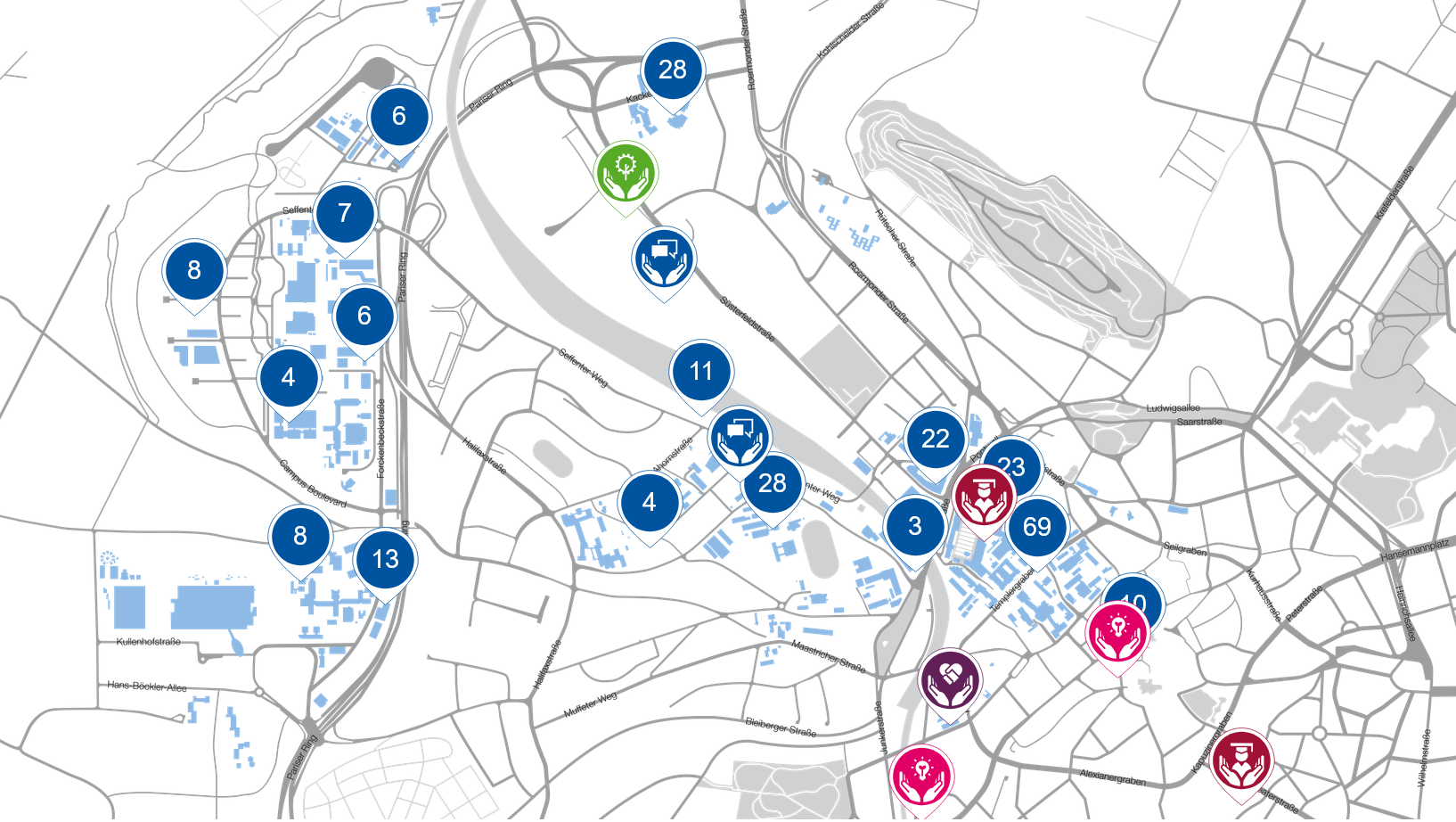 The picture shows a schematic map of the RWTH campus. The map shows circles with numbers and colored symbols at specific locations. The numbers mark the spatial location of sustainability projects on the campus.